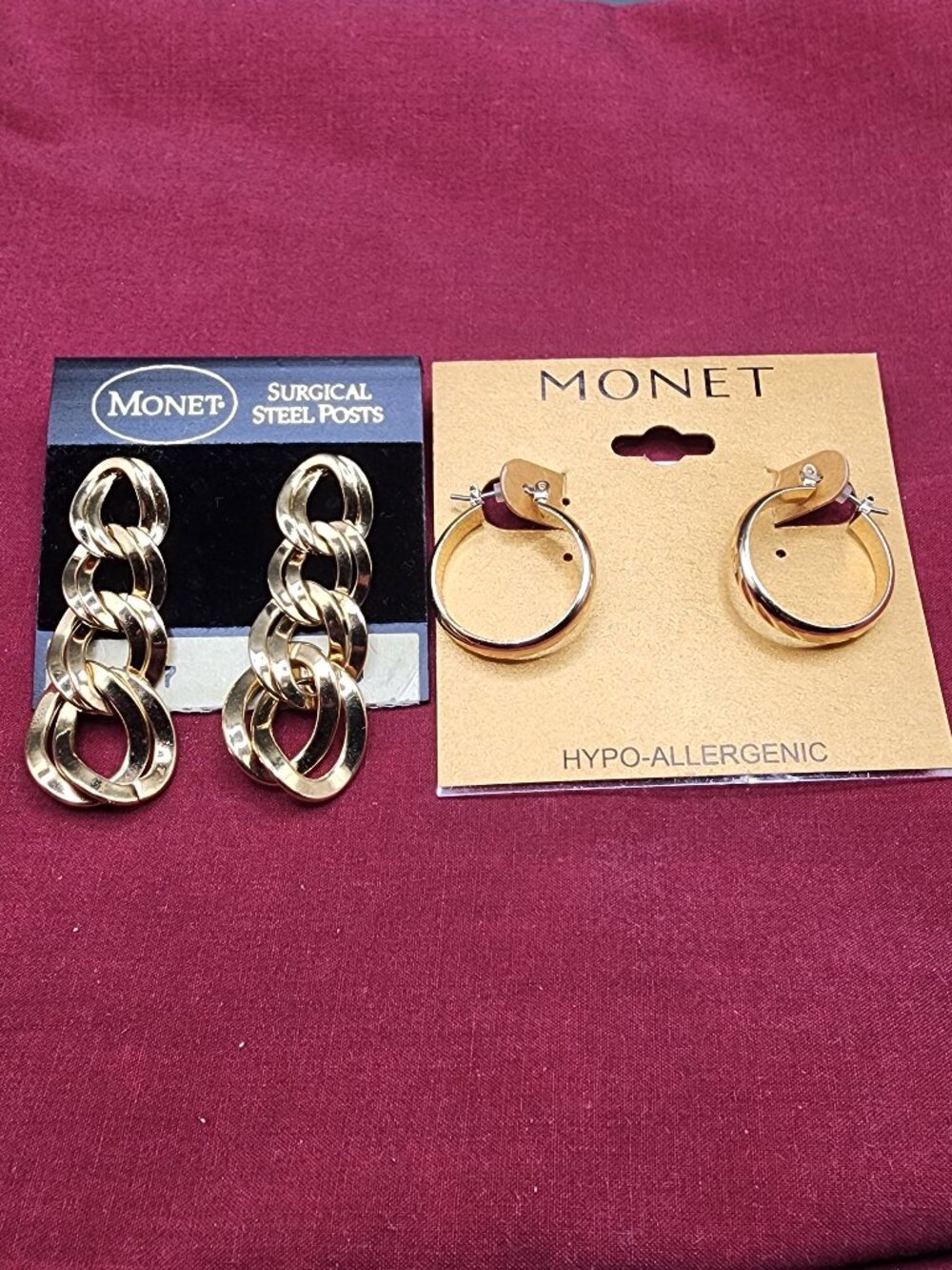 Monet Gold Tone Hoop & Vintage Gold Tone Chain Link Drop Earrings Set of 2